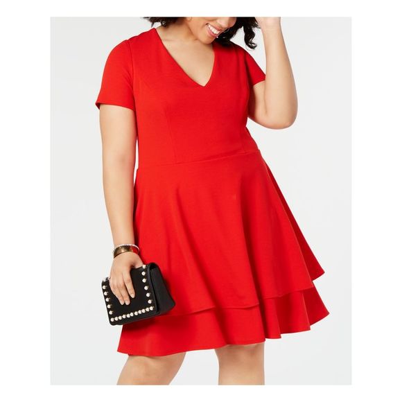 B DARLIN Womens Red Layered Short Sleeve Knee Length Fit + Flare Dress Plus 16W - Picture 3 of 4